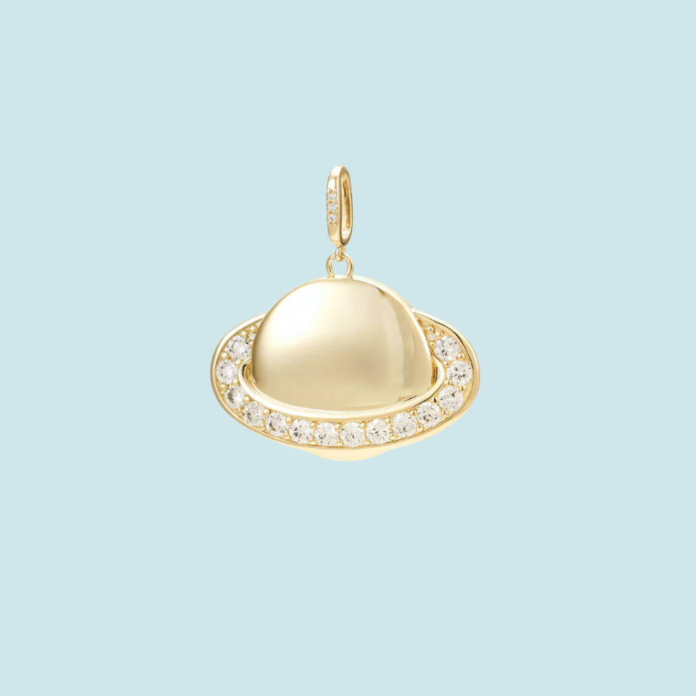 Gold planet-shaped pendant with embedded stones