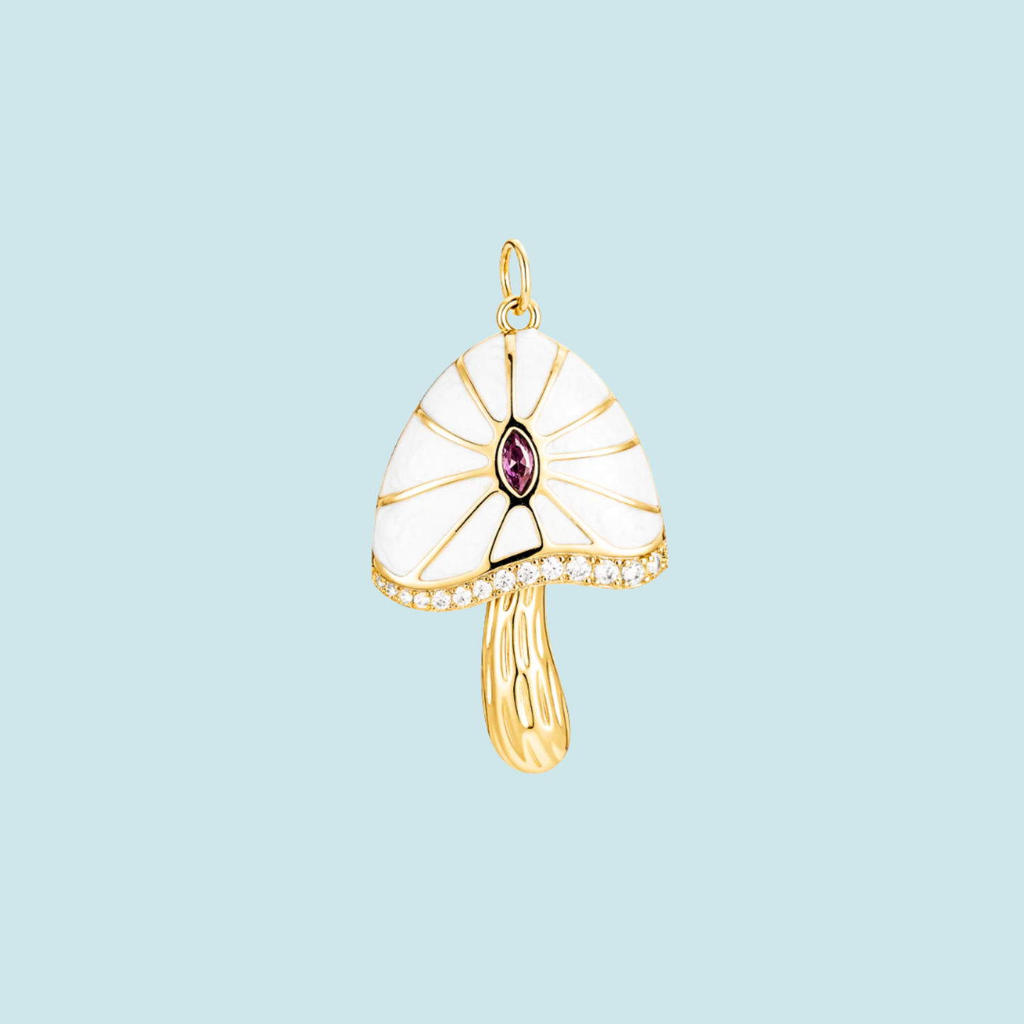 Gold Mushroom pendant with a white enameled top and purple gemstone