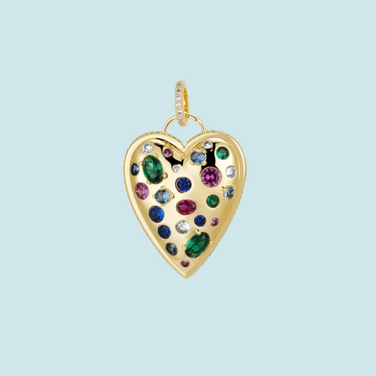 Gold heart-shaped pendant with colorful gemstones 