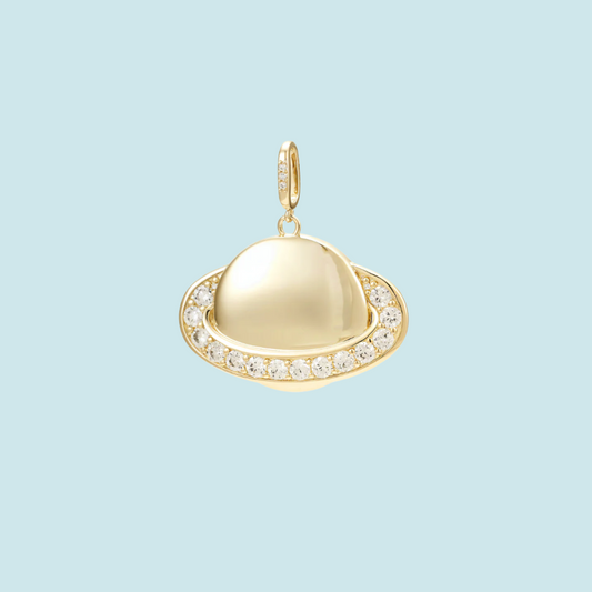 Gold planet-shaped pendant with embedded stones 