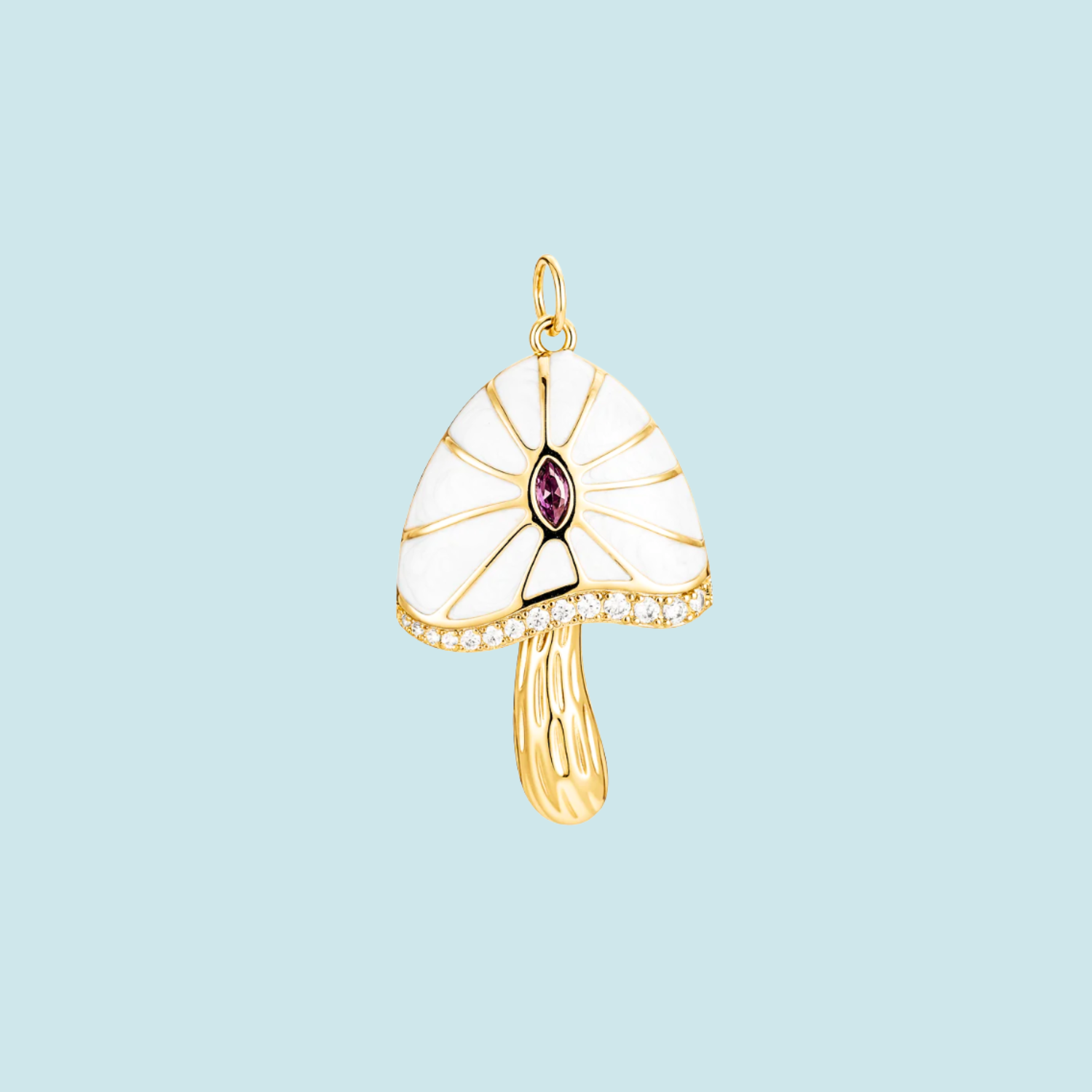 Gold Mushroom pendant with a white enameled top and purple gemstone 